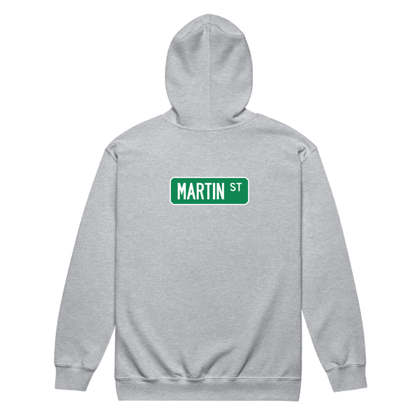 A mockup of the Martin St Street Sign Muncie Zipping Hoodie