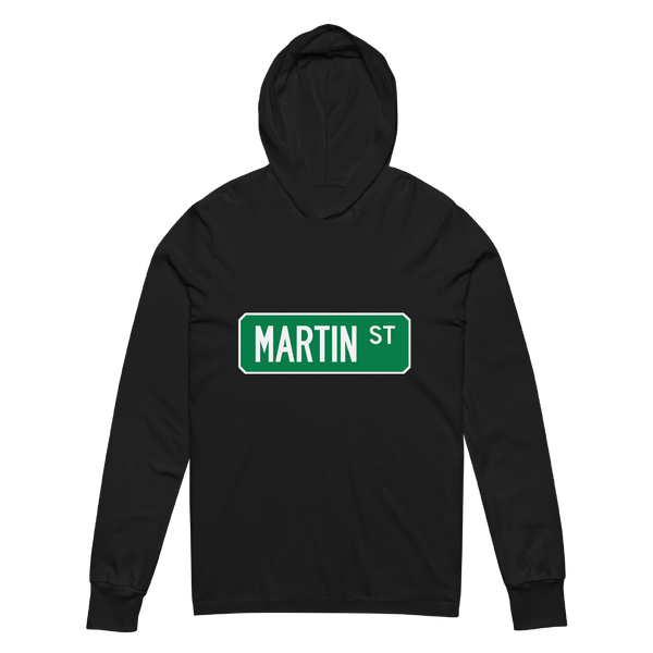 A mockup of the Martin St Street Sign Muncie Hooded Tee