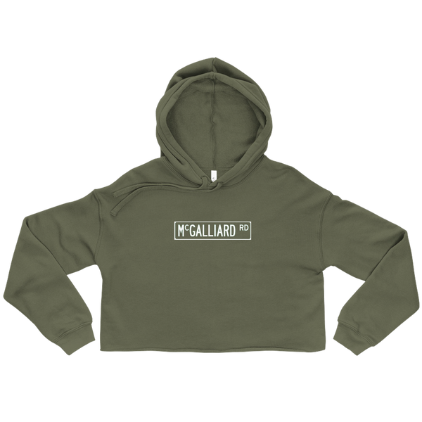 A mockup of the McGalliard Rd Ladies Cropped Hoodie