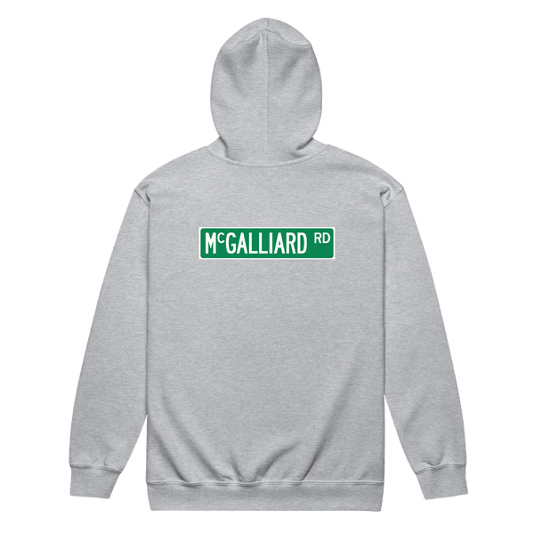A mockup of the McGalliard Rd Zipping Hoodie