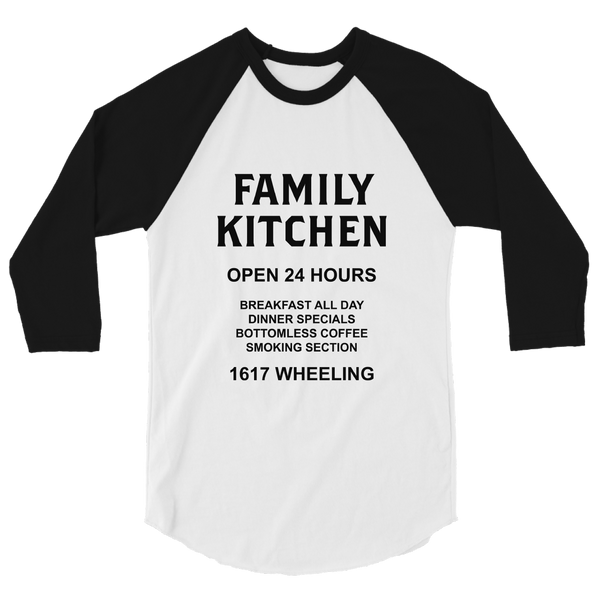 A mockup of the Family Kitchen Restaurant Raglan 3/4 Sleeve