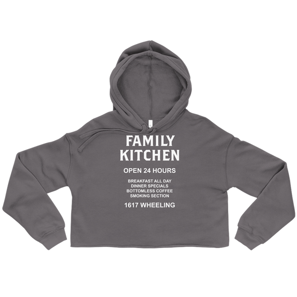 A mockup of the Family Kitchen Restaurant Ladies Cropped Hoodie