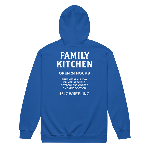 A mockup of the Family Kitchen Restaurant Zipping Hoodie