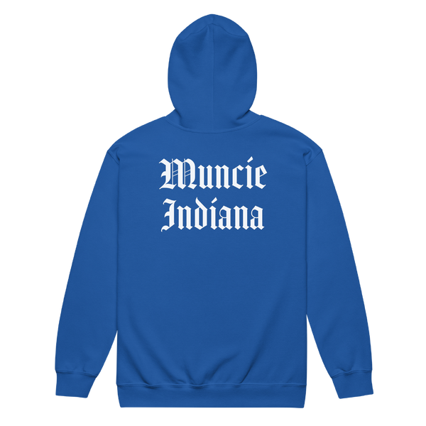 A mockup of the Gothic Muncie Zipping Hoodie
