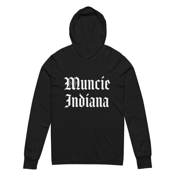 A mockup of the Gothic Muncie Hooded Tee