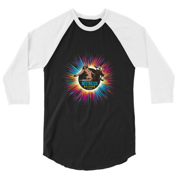 A mockup of the Great Muncie Eclipse of 2024 Appeal to the Great Spirit Raglan 3/4 Sleeve