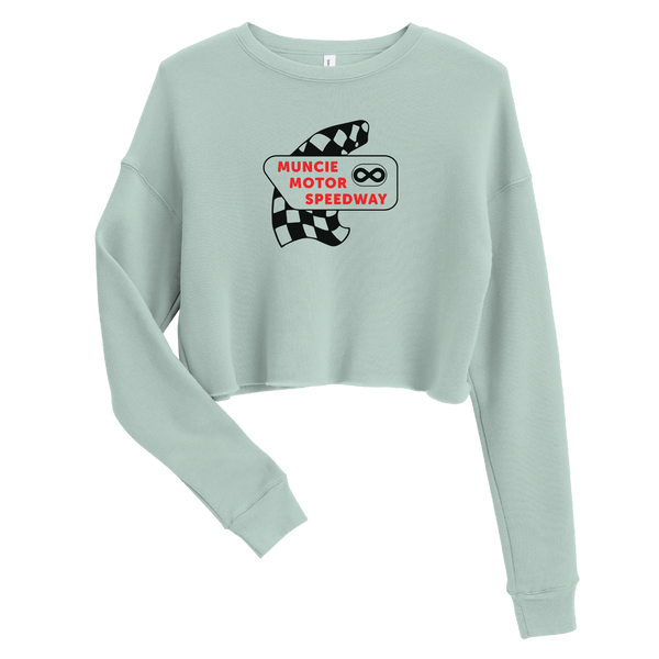 A mockup of the Muncie Motor Speedway Authentic Logo Ladies Cropped Crewneck
