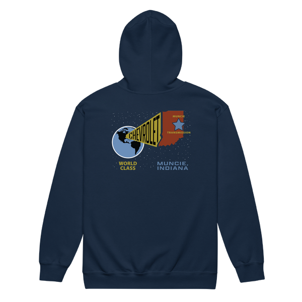 A mockup of the World Class Muncie Transmission Zipping Hoodie