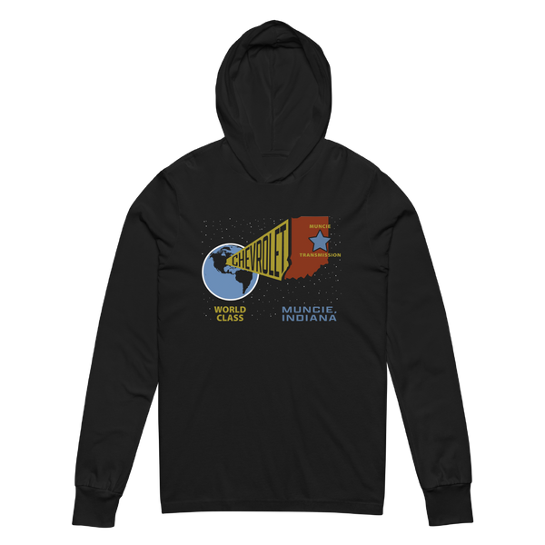 A mockup of the World Class Muncie Transmission Hooded Tee