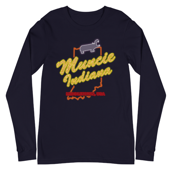 A mockup of the Portland Parody Muncie Sign Long Sleeve Tee