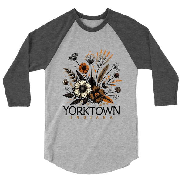 A mockup of the Yorktown Cottage Core Bouquet Raglan 3/4 Sleeve