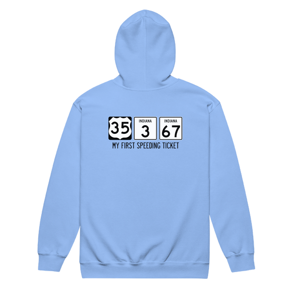 A mockup of the My First Speeding Ticket Bypass Zipping Hoodie