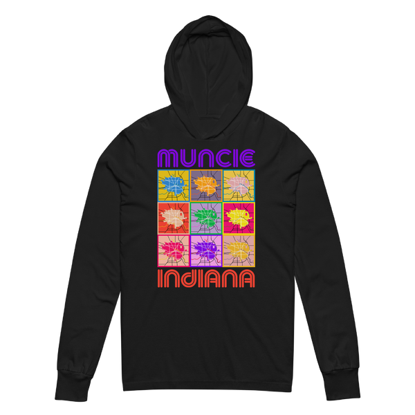 A mockup of the Pop Muncie Remix Hooded Tee