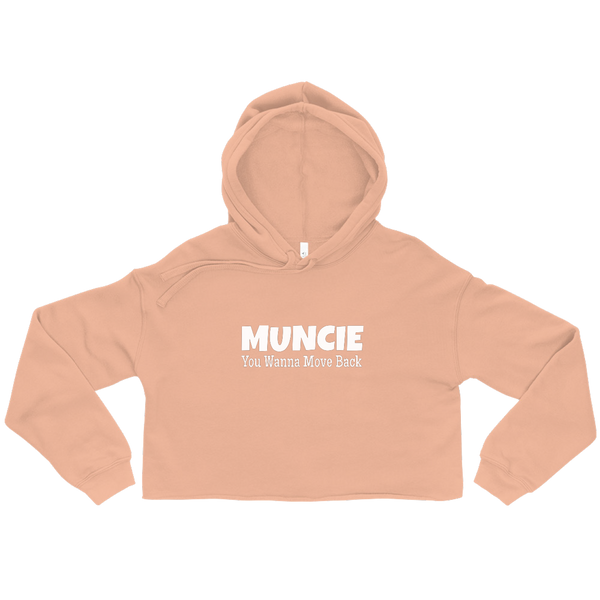 A mockup of the Wanna Move Back Muncie Ladies Cropped Hoodie