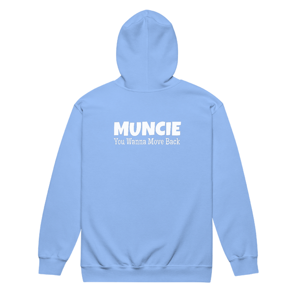 A mockup of the Wanna Move Back Muncie Zipping Hoodie