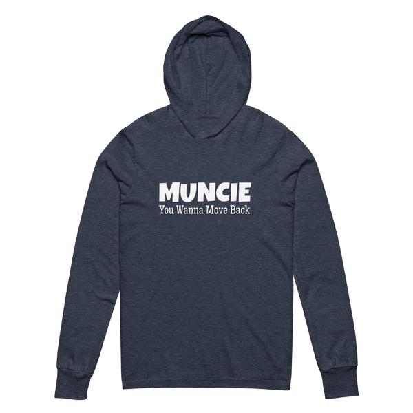 A mockup of the Wanna Move Back Muncie Hooded Tee