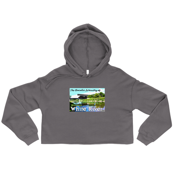 A mockup of the Bucolic Serenity White River Ladies Cropped Hoodie