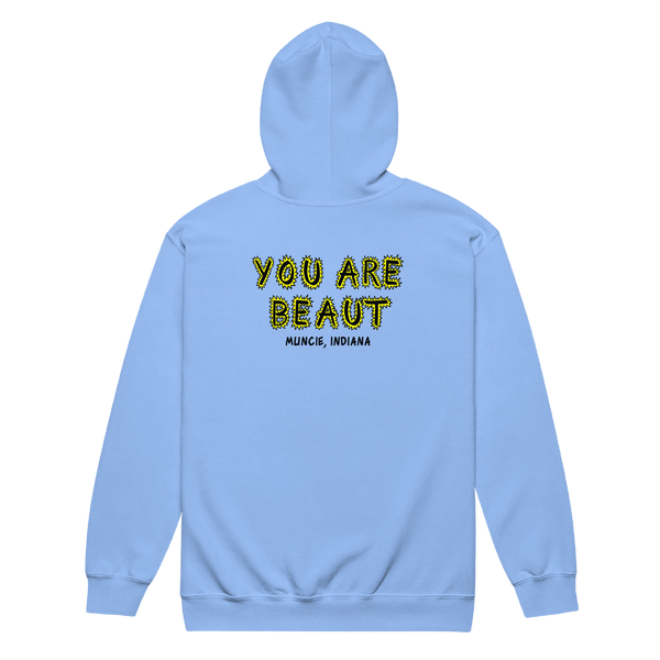 A mockup of the You are Beaut Graffiti Zipping Hoodie
