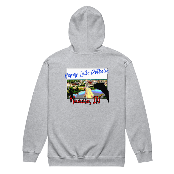 A mockup of the Happy Little Potholes Muncie Zipping Hoodie