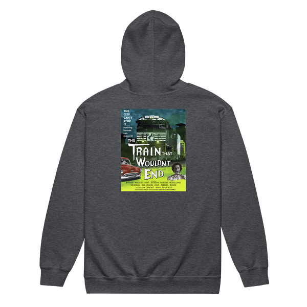A mockup of the Train That Wouldn't End Zipping Hoodie