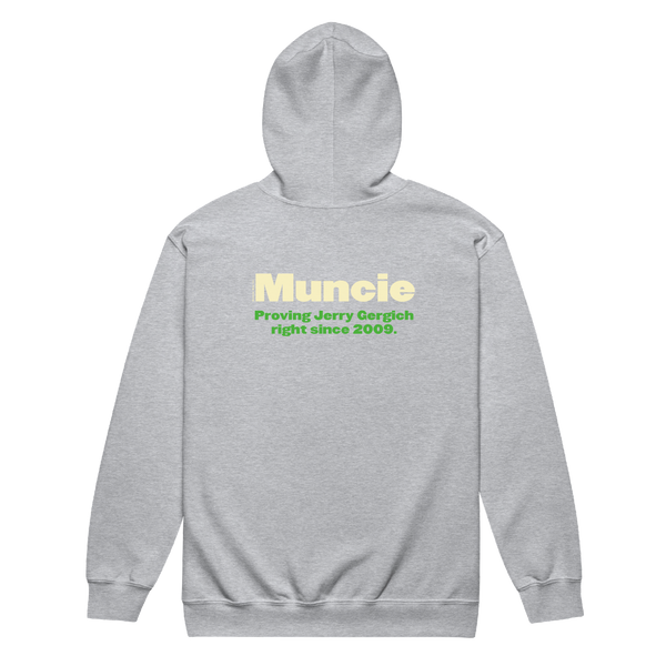 A mockup of the Proving Jerry Gergich Right Muncie Zipping Hoodie
