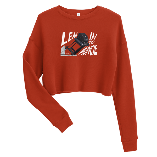 A mockup of the Lean Into Muncie Ladies Cropped Crewneck