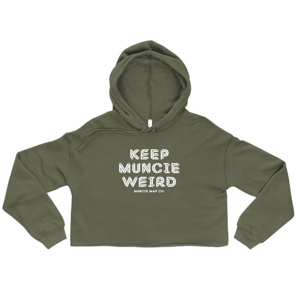 A mockup of the Keep Muncie Weird Ladies Cropped Hoodie