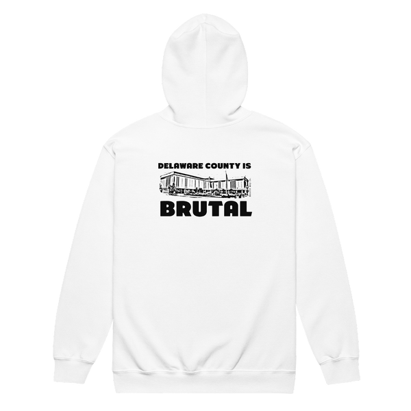 A mockup of the Delaware County is Brutal Zipping Hoodie