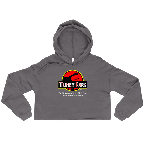 A mockup of the Jurassic Tuhey Park Ladies Cropped Hoodie