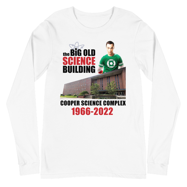 A mockup of the Cooper Science Complex Memorial Long Sleeve Tee