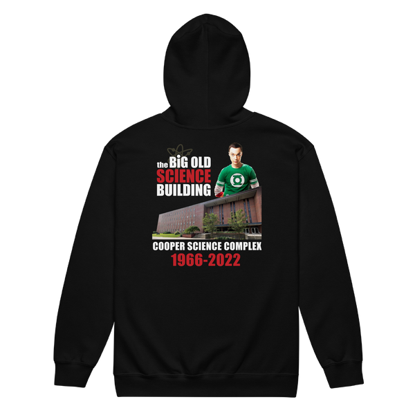A mockup of the Cooper Science Complex Memorial Zipping Hoodie