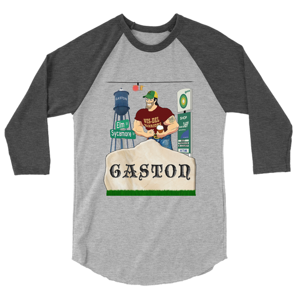 A mockup of the Gaston Gaston Parody Raglan 3/4 Sleeve