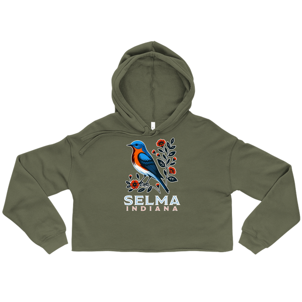 A mockup of the Selma Cottage Core Bluebird Ladies Cropped Hoodie