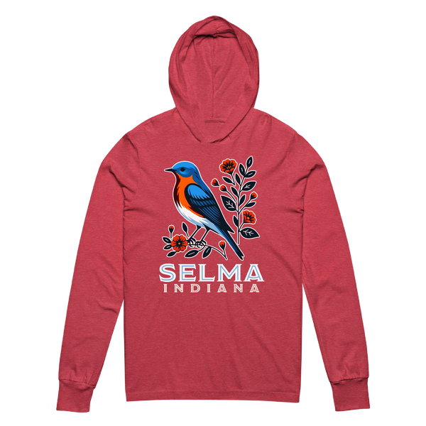 A mockup of the Selma Cottage Core Bluebird Hooded Tee