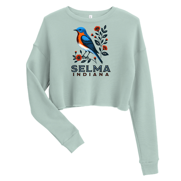 A mockup of the Selma Cottage Core Bluebird Ladies Cropped Crewneck