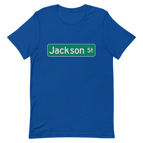 A mockup of the Jackson St Street Sign Selma T-Shirt