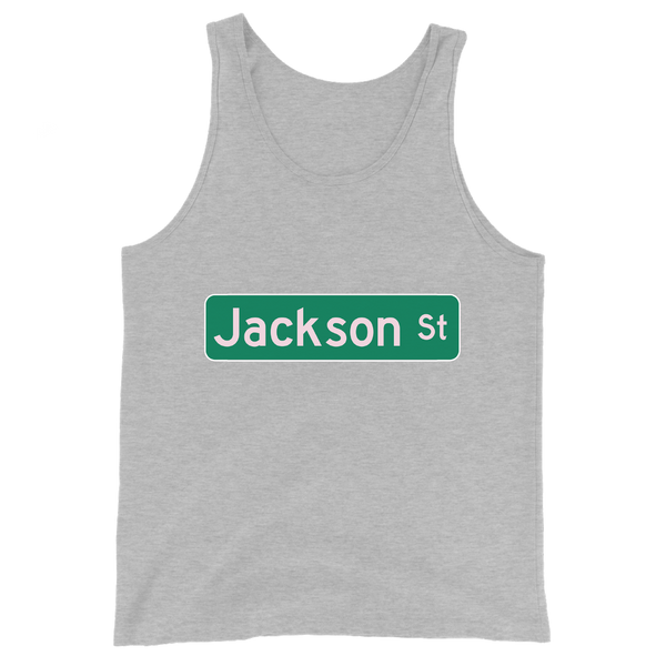 A mockup of the Jackson St Street Sign Selma Tank Top