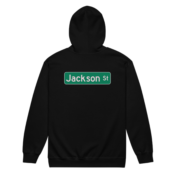 A mockup of the Jackson St Street Sign Selma Zipping Hoodie