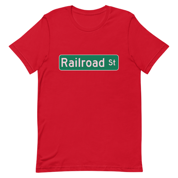 A mockup of the Railroad St Street Sign Selma T-Shirt