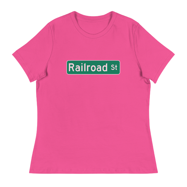 A mockup of the Railroad St Street Sign Selma Ladies Tee