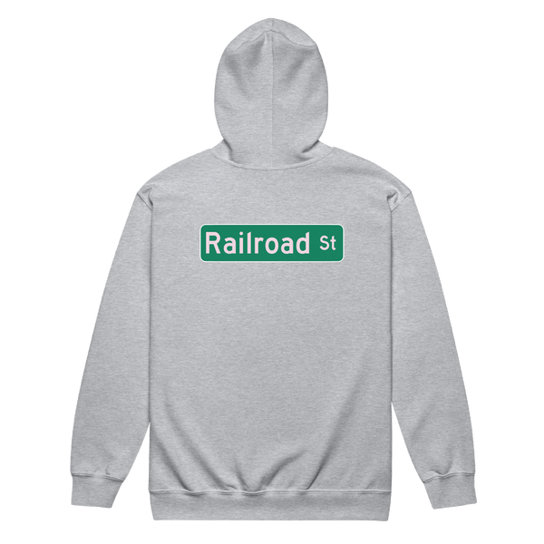 A mockup of the Railroad St Street Sign Selma Zipping Hoodie