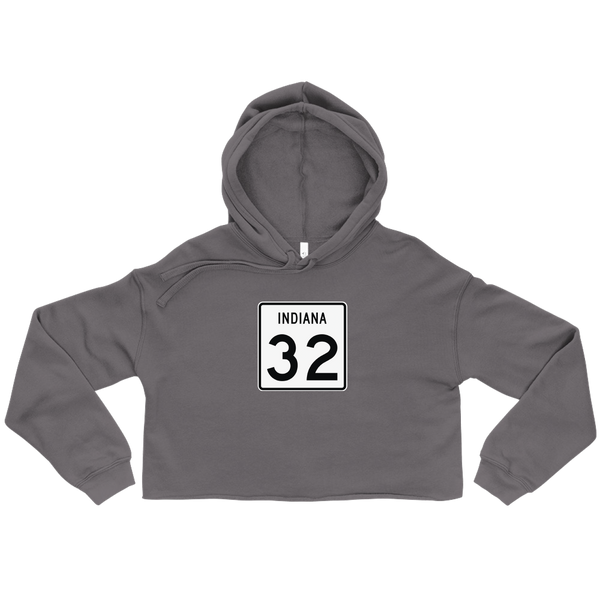 A mockup of the Indiana State Route 32 Ladies Cropped Hoodie