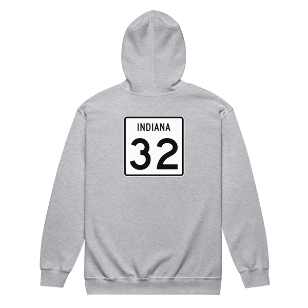 A mockup of the Indiana State Route 32 Zipping Hoodie