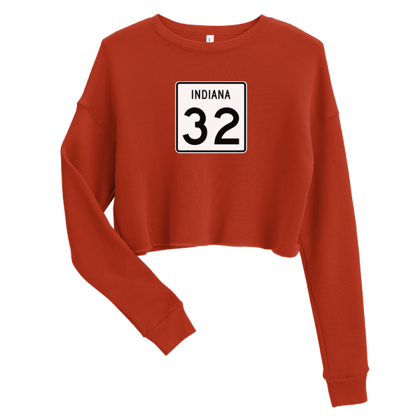 A mockup of the Indiana State Route 32 Ladies Cropped Crewneck