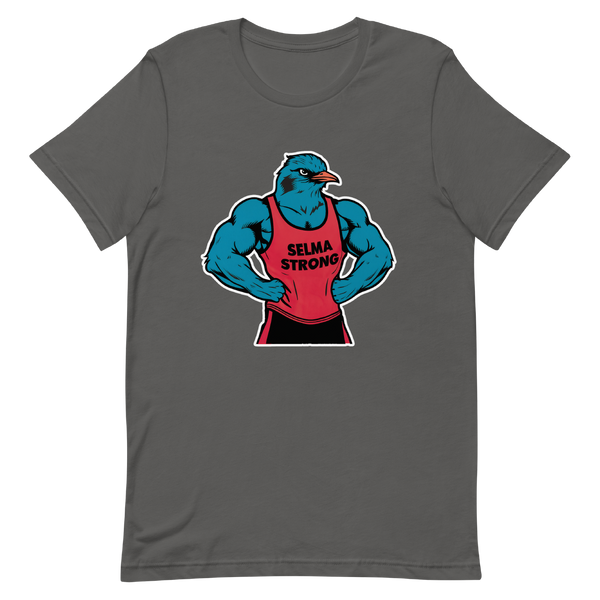 A mockup of the Selma Strong Muscular Bluebird T-Shirt