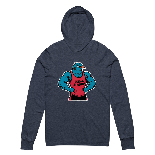 A mockup of the Selma Strong Muscular Bluebird Hooded Tee