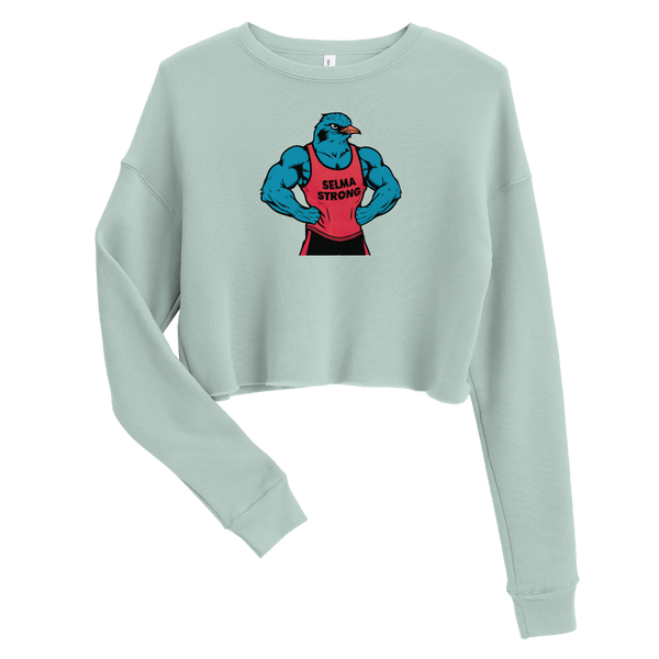 A mockup of the Selma Strong Muscular Bluebird Ladies Cropped Crewneck
