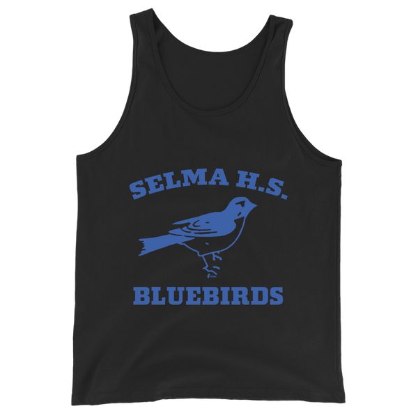 A mockup of the Selma High School Bluebirds Tank Top
