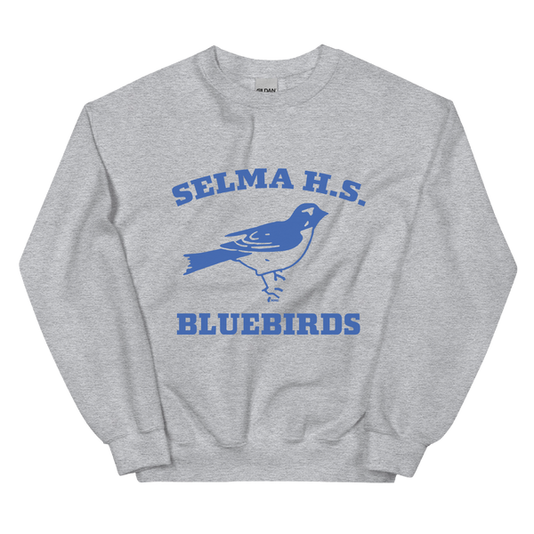 A mockup of the Selma High School Bluebirds Crewneck