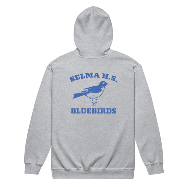 A mockup of the Selma High School Bluebirds Zipping Hoodie